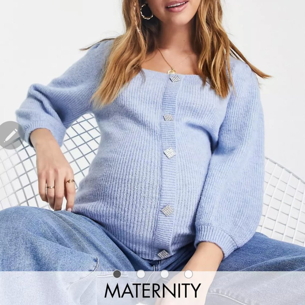 River Island Maternity puff sleeve button through knit top in light blue